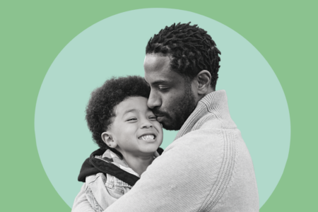 Ilustração de um pai com o filho nos braços