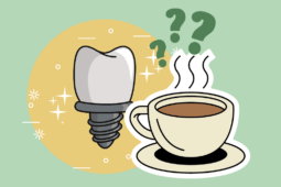 Ilustração com implante dentário e xícara de café