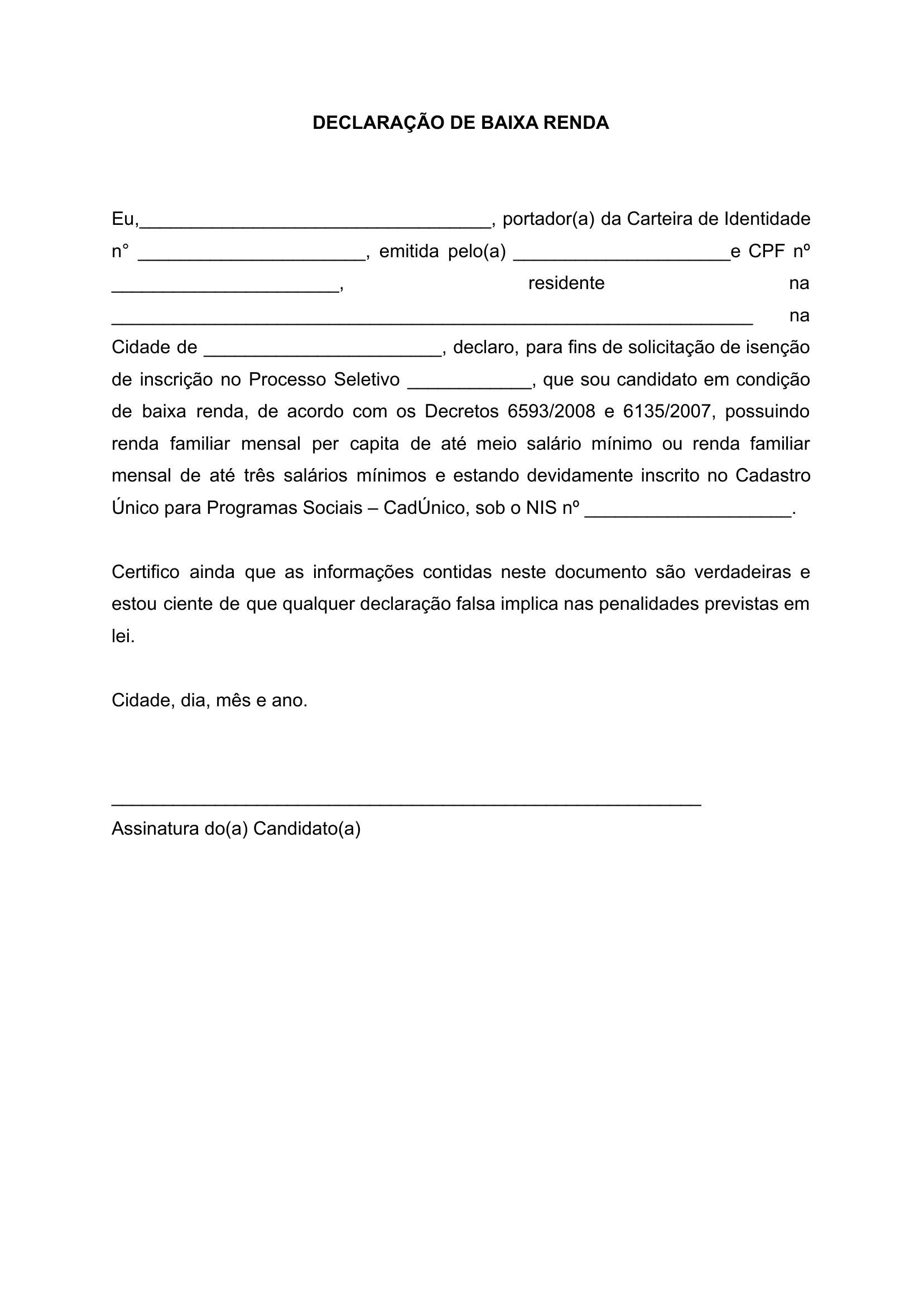 Declara O De Baixa Renda Simples Como Fazer E Modelos