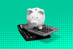 Ilustração de cofre de porco e calculadoras